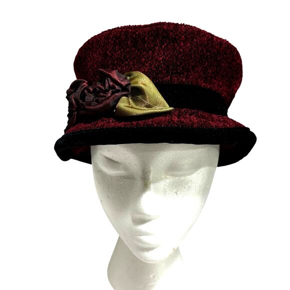 Toucan burgundy red chenille bucket hat black trim flowers on hatband soft warm - Picture 2 of 10